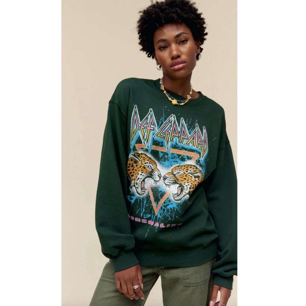 Free People Daydreamer Def Leopard Graphic Oversized Crew Sweatshirt Green Small
